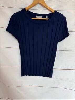 Women's Evolution Navy Ribbed Short Sleeve Sweater Small Petite